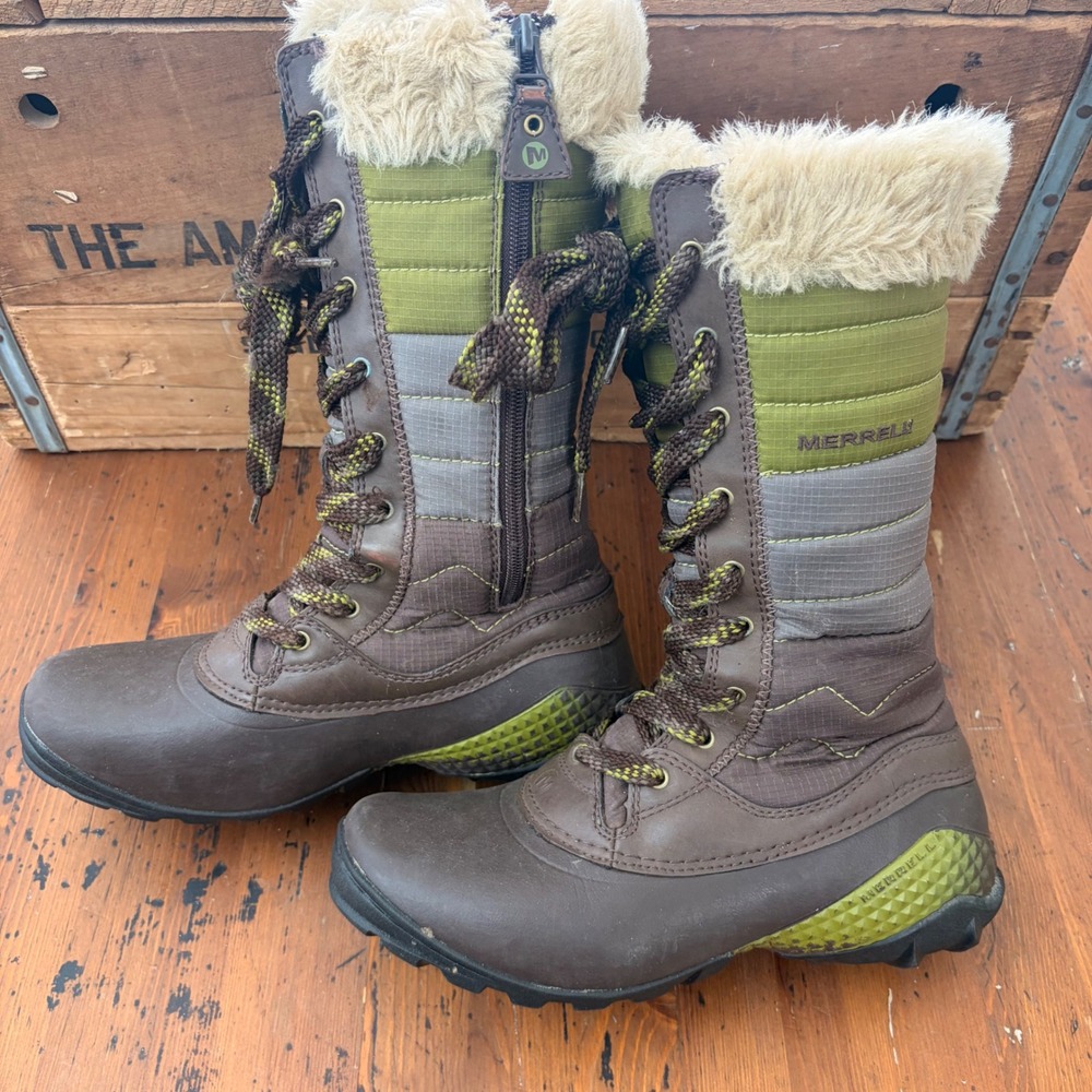 Merrell Womens 6.5 Winterbelle Winter Boots Brown Green‎ Faux Fur Opti-Warm Tall